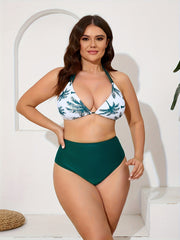 Women's Fashionable Plus-size Bikini Set. Sexy Neckline Tropical Print Swimsuit. Beach Style.