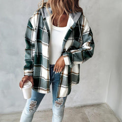 Women's Plaid Hoodie Long Sleeve Jacket Button Drawstring Casual Fall Shirts Shacket With Pocket
