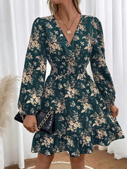Spring And Summer V-neck Printed Floral Long-sleeve Dress With A Cinched Waist, Elegant Women's Wear.