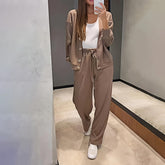 Women's Casual Knit Cardigan With Pocket & Drawstring Lounge Pants Solid Color Button Front Coat Fall Winter Loose Fit 2-Piece Outfit