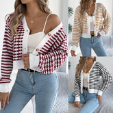 Autumn And Winter Color-blocked Striped Lantern Long Sleeve Cardigan Short Coat Sweater