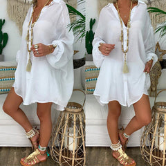 Plus Size Women's Solid Color Notch Lapel Long Sleeve Dress With Button Front Sheer Lightweight Midi Dress For Summer