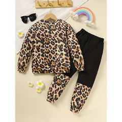 Toddler Girls Fall Winter Outfits Leopard Letter Print Crewneck Long Sleeve Sweatshirt Top & Sweatpant 2 Piece Clothing Set