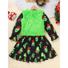 Toddler Kids Baby Girl Christmas Dress Outifts, Long Sleeves Cartoon Prints Party Dress With Heart Print Vest Coat Xmas Clothes Set