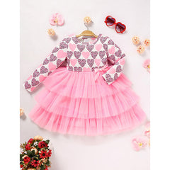 Toddler Girls Outfits Long Sleeve Graphic Heart Print Mesh Tulle Dress Valentine Birthday Party Dresses
