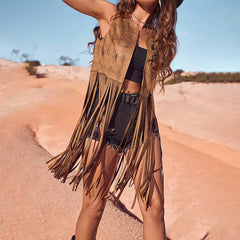 Women's Solid Color Elegant Western Fringe Vest - Round Neck Side Slit Hem With Boho Tassel Details