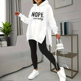 Women's Casual 2-Piece Set Solid Color Leggings & Letter Print Pocket Drawstring Hooded Sweatshirt With Split Hem Spring Fall Fashion Outfit