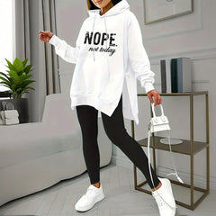 Women's Casual 2-Piece Set Solid Color Leggings & Letter Print Pocket Drawstring Hooded Sweatshirt With Split Hem Spring Fall Fashion Outfit