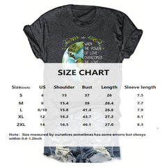 Women's Earth & Peace Slogan T-Shirt - 'Love Power & Green Earth' Print Casual Tee, Eco-Friendly Short Sleeve Crew Neck Top