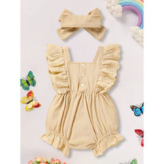 Infant Baby Girl Solid Color Square Neck Bow Onesie & Headband Adorable Summer Outfit