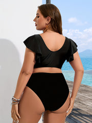 Women's Plus-size Bikini Set, Random Print, Sexy Backless V-neck, Solid Color Lotus Leaf Edge Two-piece Swimsuit, Vacation Style