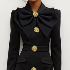 Women's Solid Color Long Sleeve Bodycon Elegant Button Midi Dress With Slit Spring Fall Fashion Bow Accent Dress