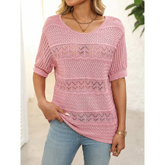 Women's Short Sleeve Sweater Tops Casual Crew Neck Crochet Knit Trendy Hollow Out Blouse T Shirts