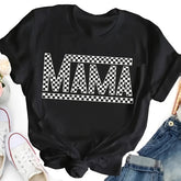 Women's Plaid Mama Letter Print T-Shirt, Casual Crew Neck Short Sleeve Top For Spring & Summer