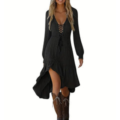 Women's Solid Color Deep V-Neck Irregular Ruffle Hem Sexy Tie-Waist With Cuffed Sleeves Summer Gothic Lace Trim Midi Dress