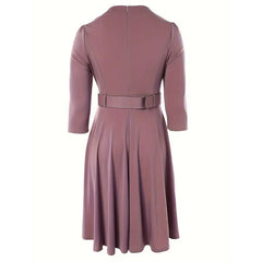 Women's Round Neck Zip Front Midi Dress With Belt - A-Line Shift Dress With Pockets & Draped Detail For Spring&Summer