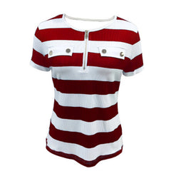 Women's Color Block Short Sleeve T-Shirt Striped Zipper Front Top Casual Summer Blouse Tee