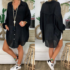 Plus Size Women's Solid Color Notch Lapel Long Sleeve Dress With Button Front Sheer Lightweight Midi Dress For Summer