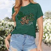 Women's Tri-Color Clover Print T-Shirt - Casual Short Sleeve Crew Neck Tee, Soft Summer Top
