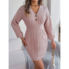 Women's Cable Knit Sweater Dress - V-Neck Button Front Lantern Sleeve Bodycon Mini Dress With Elastic Waist For Fall