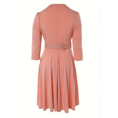 Women's Round Neck Zip Front Midi Dress With Belt - A-Line Shift Dress With Pockets & Draped Detail For Spring&Summer