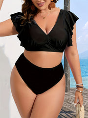 Women's Plus-size Bikini Set, Random Print, Sexy Backless V-neck, Solid Color Lotus Leaf Edge Two-piece Swimsuit, Vacation Style