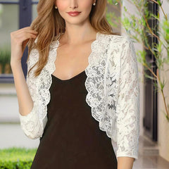 Women's Solid Color Cropped Lace Cardigan - Summer Fashion Medium-Long Sleeve Open Front Top