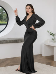 2025 New Women's V-neck Dress, Solid Color Soft Fabric, Long Style, Waist Fold Design, Sexy And Elegant, Date Dress, Party Dress, Bridesmaid Dress