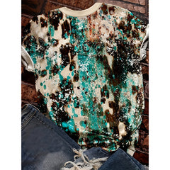 Women's Western Cowboy Print T-Shirt - Loose Fit Crew Neck Short Sleeve Tee, Color Block Design, Breathable Summer Top