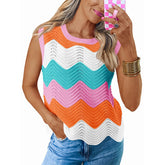 Womens Summer Rainbow Striped Sweater Vest Sleeveless Knit Crew Neck Color Block Going Out Cropped Tank Top