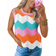 Womens Summer Rainbow Striped Sweater Vest Sleeveless Knit Crew Neck Color Block Going Out Cropped Tank Top