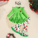 Toddler Baby Girls Christmas Clothes Ruffle Long Sleeve Heart Print Tops Dress Christmas Ball Print Flared Pants With Headband Outfits Set