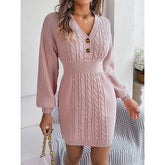 Women's Cable Knit Sweater Dress - V-Neck Button Front Lantern Sleeve Bodycon Mini Dress With Elastic Waist For Fall