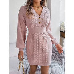 Women's Cable Knit Sweater Dress - V-Neck Button Front Lantern Sleeve Bodycon Mini Dress With Elastic Waist For Fall