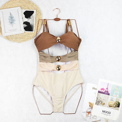 Women's Cut Out Colorblock One Piece Swimsuit Ruched Swimwear Bathing Suit With Removable Straps