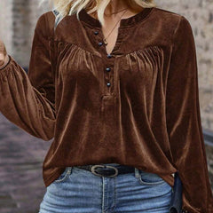 Women's Solid Color V-Neck Button Detail Long Sleeve Pullover Top Casual Elegant Office Blouse