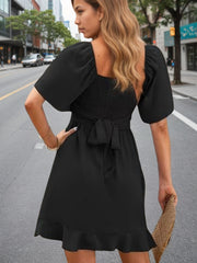 Lightweight Black Ruffled Hem Dress Women's Flowy Mini Dress For Spring Summer Vacation
