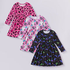 3pcs Toddler Girl's Halloween Dress Skull Ghost Bats Print Stretch Long Sleeve A-line Dresses
