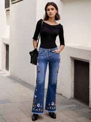 Ladies' High Waisted Slim Fit Bell Bottom Pants With Floral Embroidery Details, Lightweight And Comfortable Material - Breathable Elastic Denim Wide Leg Pants, The Best Choice For Elegant Fashion And