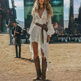 Women's Solid Color Deep V-Neck Long Sleeve Lace Dress - Bohemian Style Summer Dress With Irregular Hem