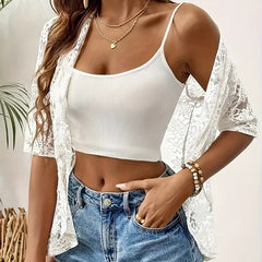 Women's Floral Lace 3 4 Sleeve Bolero Shrugs Sheer Open Front Cardigan Blazer