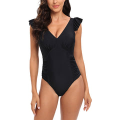 Women's V Neck Ruffle Sleeve Bathing Suit Ruched Tummy Control One Piece Swimsuits