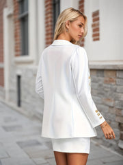 New Pure White Long Sleeved Skirt Set, Lapel Suit Jacket&solid Color Skirt, Double Breasted Closure, Comfortable And Casual, Noble And Elegant