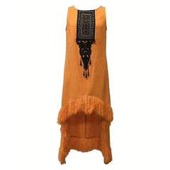 Women's Vintage Western Fringe Tank Dress Cowgirl Crew Neck Sleeveless Tassel Dress For Vacation & Festival Wear