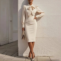 Women's Elegant Solid Stand Collar Long Sleeve Dress With Bow Detail Hem Slit Formal Midi Dress For Spring&Fall