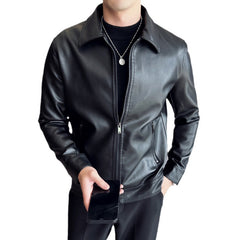 Men's Simple Casual Solid Color Windproof Handsome PU Leather Jacket Top