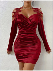 Spring And Autumn New Satin Elegant Lace Bodycon Dress With Pleated Skirt
