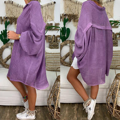 Plus Size Women's Solid Color Notch Lapel Long Sleeve Dress With Button Front Sheer Lightweight Midi Dress For Summer