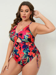 Women's Large-size One-piece Swimming Suit With Floral Print, One-piece Backless Sexy Drawstring Cross Swimwear