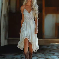 Women's Solid Color V-Neck Slip Dress With Asymmetrical Hem & Lace Trim - Bohemian Midi Dress For Summer